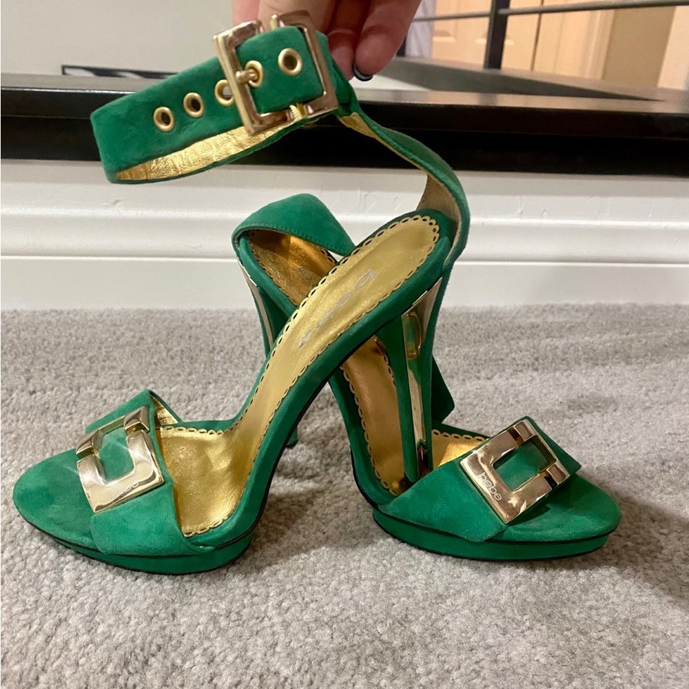 HOT Bebe ankle strap green suede stilettos sandal shoes